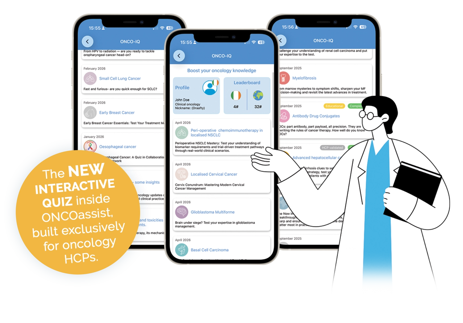 ONCO-IQ illustration of doctor looking at 3 iphone screens ONCO IQ illustration of doctor looking at 3 iphone screens